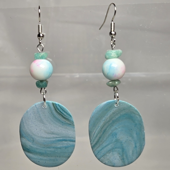 Erins Lovely Creations Jewelry - #B300- Ocean Blue Swirl Earrings With Amazonite Beads